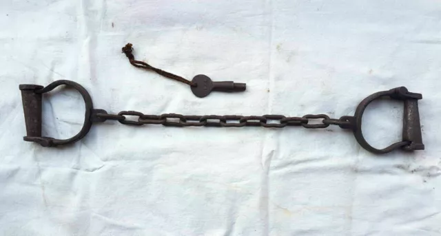 Antique Iron Handcrafted Heavy Chain Leg Cuffs Lock Key Handcuff