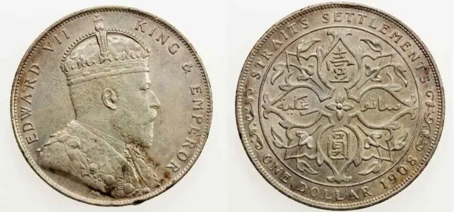 1908 Silver Coin One Dollar Straits Settlement Malaya Edward VII of England XF+