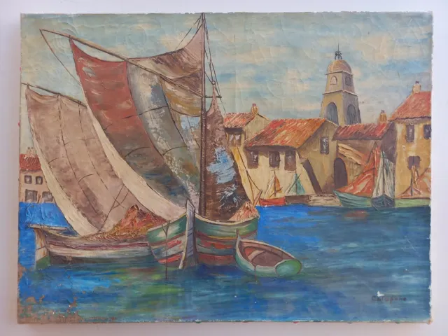 Ancien tableau MARINE bâteau à voile PORT de SAINT-TROPEZ peinture CATAPANE 1932