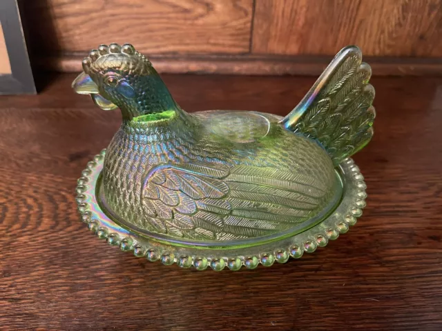 Indiana Carnival Glass Hen / Chicken on Nest - Iridescent GREEN Candy Dish