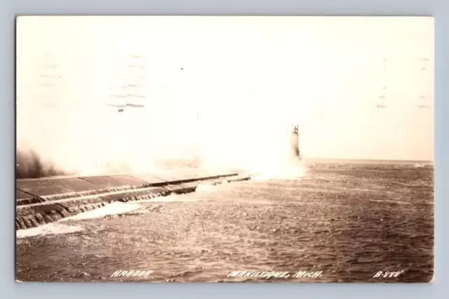 Lighthouse Breakwater Crashing Wave MANISTIQUE Harbor RPPC Lake Michigan Photo