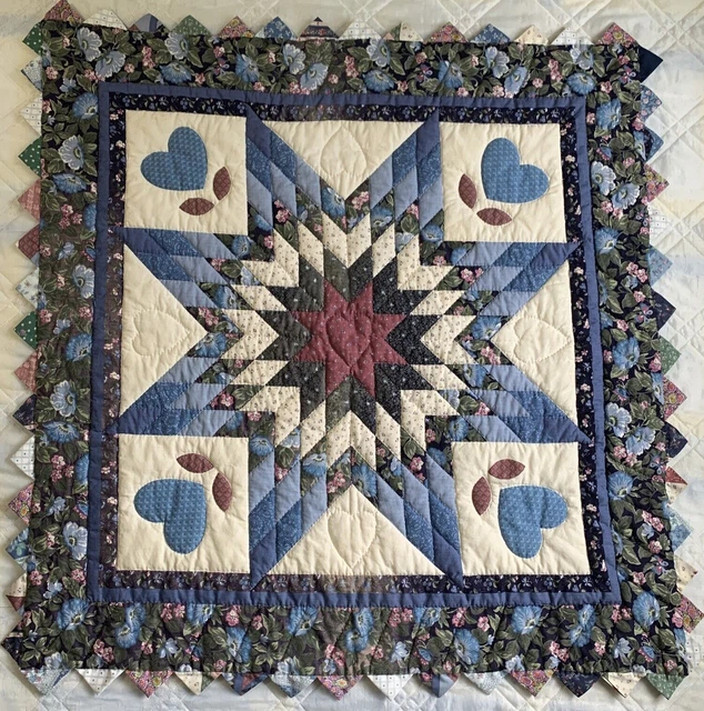 Vintage Wall Quilt 32x33 Hand Quilted Lone Star Blue Maroon