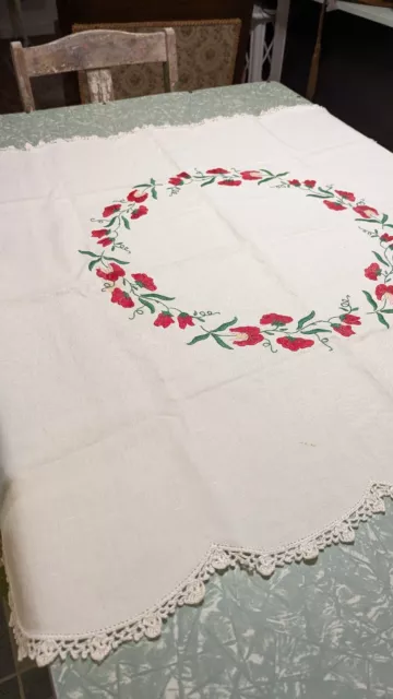 Vintage Cotton Tablecloth Hand Embroidered Red Floral Cottagecore Beautiful 3