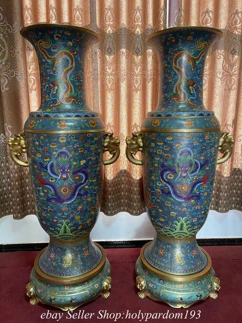 76" Huge Old Chinese Purple Bronze Cloisonne Dynasty Dragon Bottle Vase Pair
