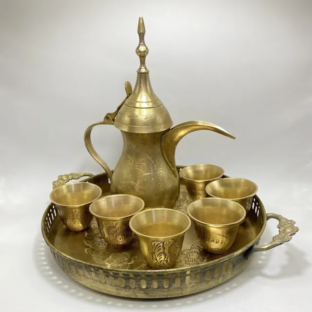 Vintage Brass Engraved  Middle East Saudi Arabia Coffee Set Bedwan Signed