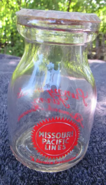 Vtg Sunnymede Farm Missouri Pacific Lines Railroad Half Pint Milk Bottle+Lid Vgc