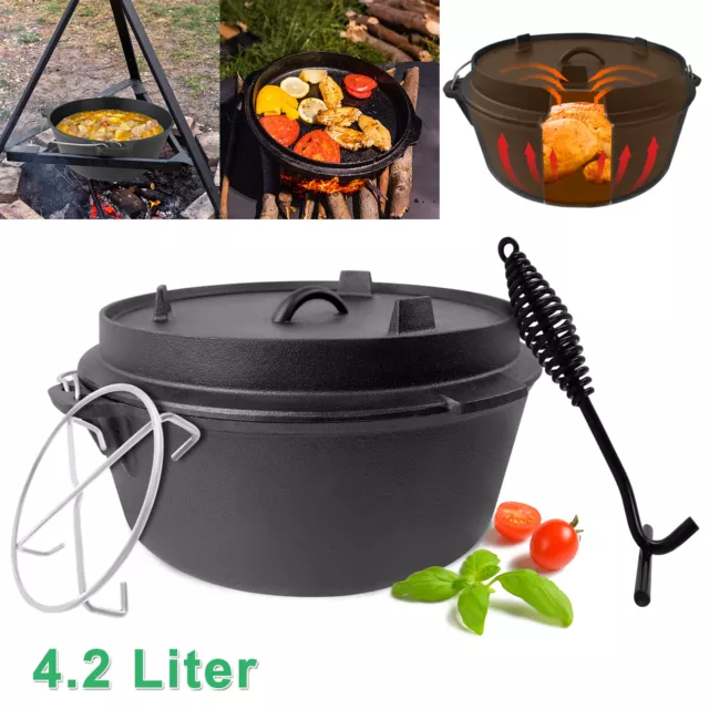 BBQ Dutch Oven Set 4,2L Gusseisen Feuertopf mit 2 in 1 Deckelheber & Topfständer