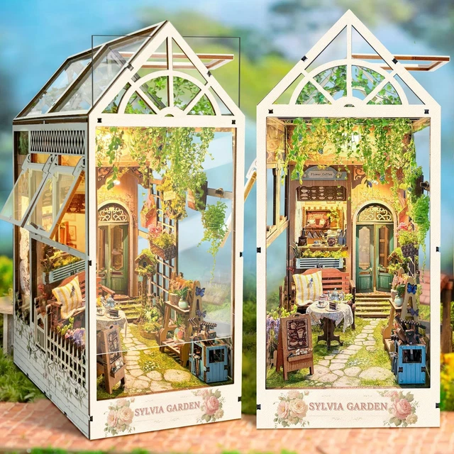 Shrike Book Nook DIY Kit 'Garden House' - 3D Holz Puzzle Mit LED, Miniaturhäuschen Als Bücherregal-Deko Für Erwachsene