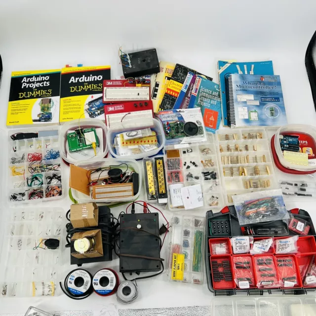 Huge Lot Of Arduino Boards Speakers Jumpers Accessories Boxes Books See Pics