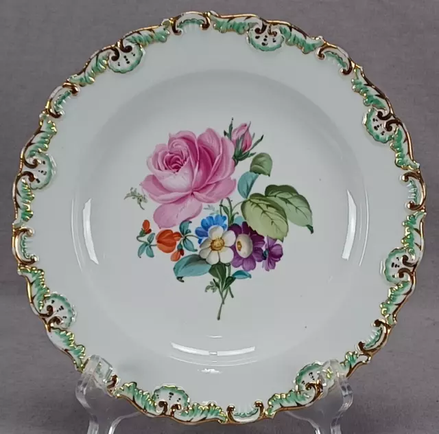 Meissen Hand Painted Floral Green & Gold 8 3/8 Inch Plate Circa 1834-1860 F