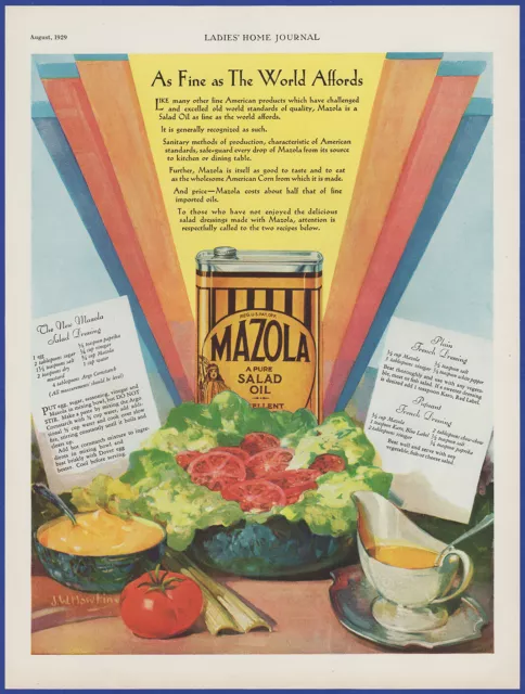 Vintage 1929 MAZOLA Salad & Cooking Oil Kitchen Décor J. W. Hawkins Art Print Ad