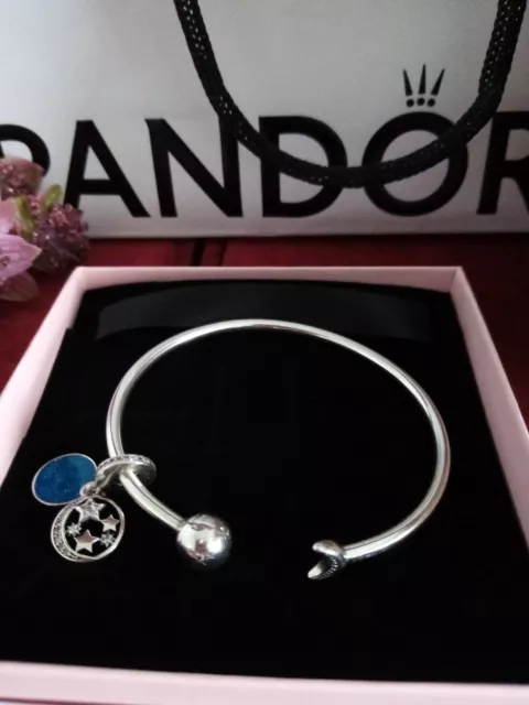 Genuine Pandora Bangle Moon & Stars  with Moon & Blue Sky Dangle Charm-  New box