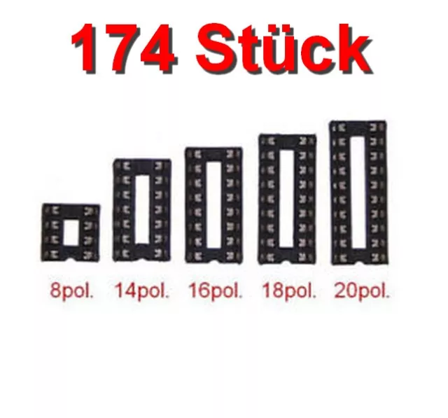 IC-Sockel Set Sortiment DIL 8pol, 14pol, 16pol, 18pol, 20pol - 174 Stück