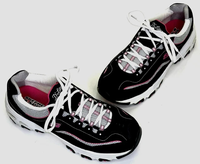 Skechers D'Lites Life Saver Sneakers Womens Size 9 Black Pink Silver Memory Foam