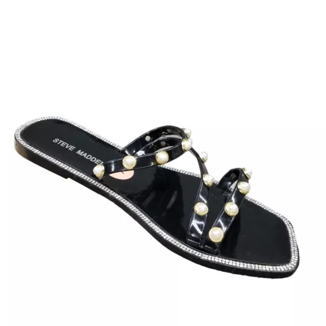 STEVE MADDEN NONII Sandals Womens Black Jelly Slide Pearl Rhinestone ...