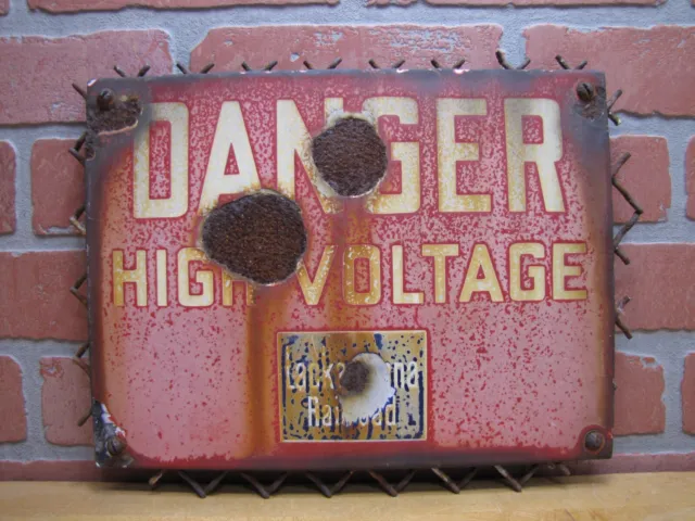 DANGER HIGH VOLTAGE LACKAWANNA RAILROAD Original Old Porcelain RR Safety Ad Sign