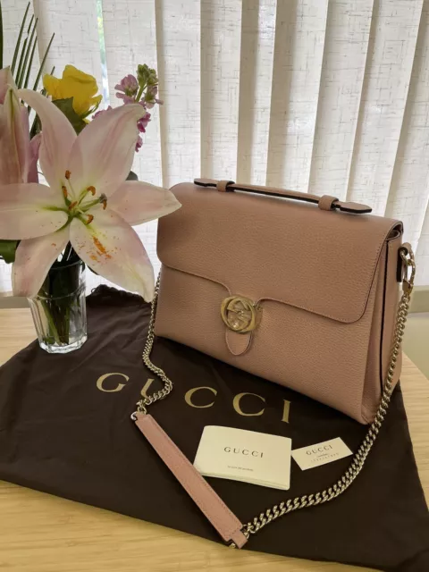 Gucci Interlocking Soft Pink 510306 light Italy Leather Handbag Bag Large  New
