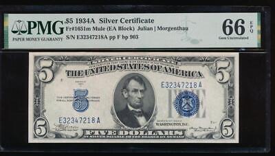 AC 1934A $5 Silver Certificate PMG 66 EPQ mule E-A block Fr 1651