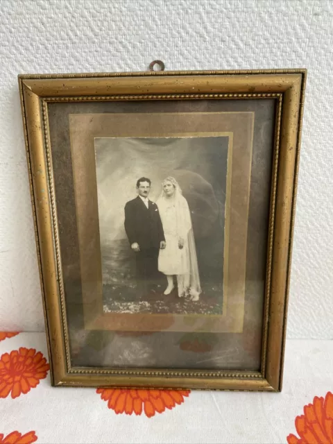 Ancien Cadre bois avec Photo De Mariage Couple Année 30/40 Deco Rétro