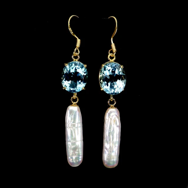 Boucles D'Oreilles Argent Sterling 925 Topaze Bleue & Diamant - Dormeuses Ovale - Neuf Sans Boîte
