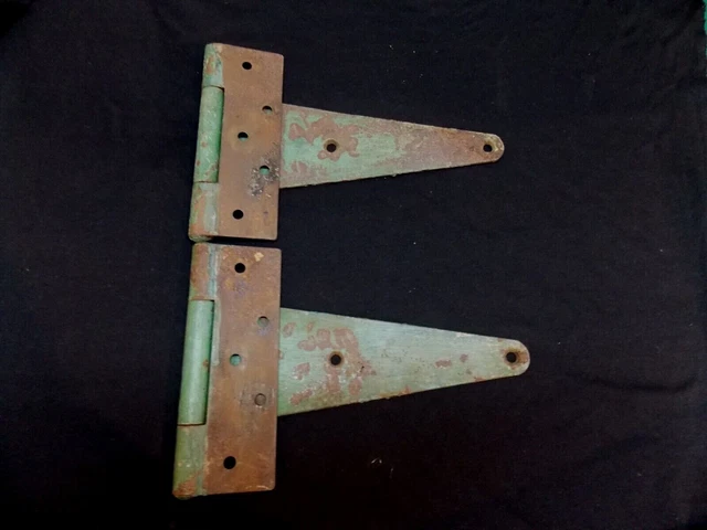 2 vtg 10" T strap hinges Rusty Farm gate barn 12" overall Lrg pair Green paint 5