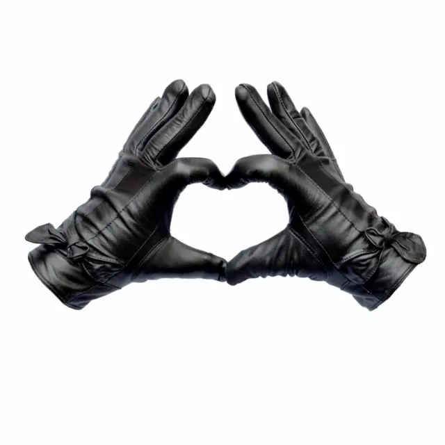 Ladies Real Leather Bow Winter Gloves High Quality Genuine Super Soft Black Gift