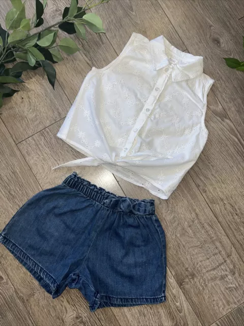 NEXT GIRLS. broderie summer top and denim shorts outfit age 2-3
