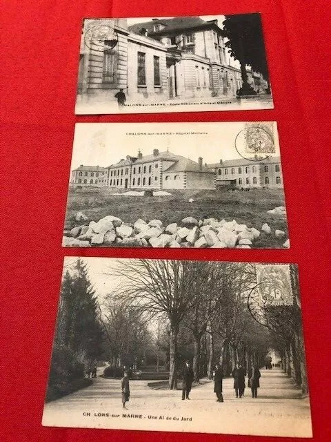 3 postcards 1907 FRANCE Chalons sur Marne, Military Hospital, stamps on front