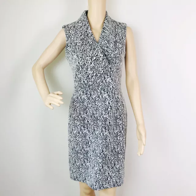 Calvin Klein Faux Wrap Sheath Dress Size 6 Black White Sleeveless Stretch Knit