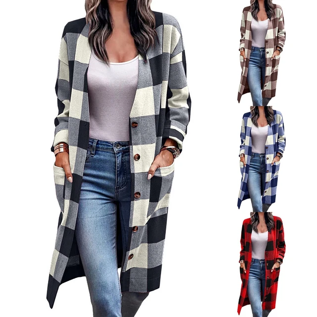 Lange Damen-Cardigan Damen karierter Mantel rot Cardigan Mantel Damenjacke schwa