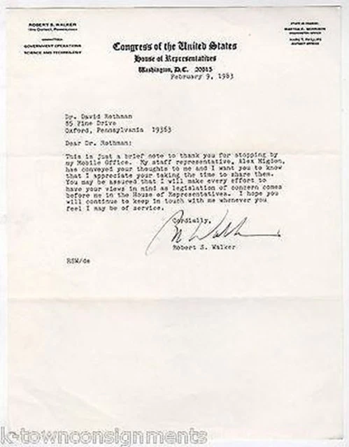Robert Walker Pennsylvania Congressman Autograph Signed Stationery Letterhead