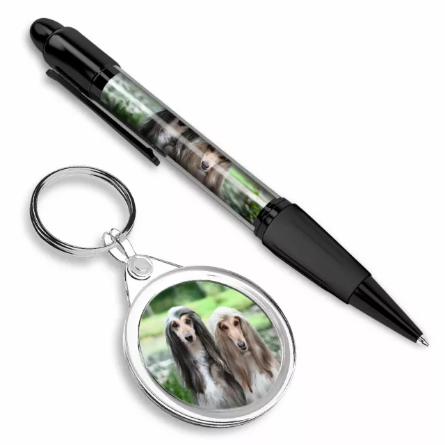 Pen & Keyring (Round) - Long Hair Afghan Hound Dog #15880