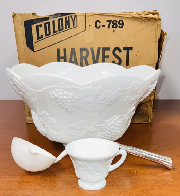 Indiana Colony HARVEST GRAPES WHITE 14 PC PUNCH BOWL SET w/ ORIGINAL BOX