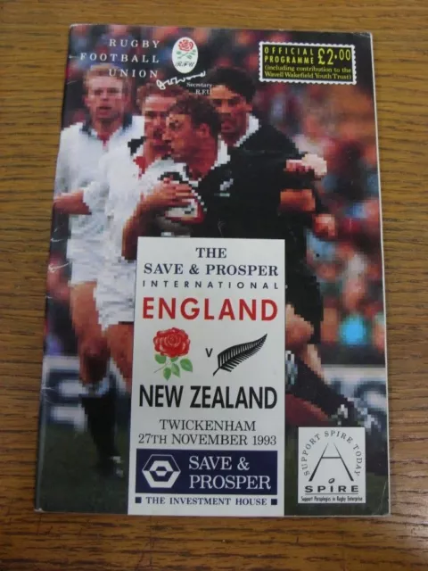 27/11/1993 Rugby Union Programme: England v New Zealand [At Twickenham]. FREE PO