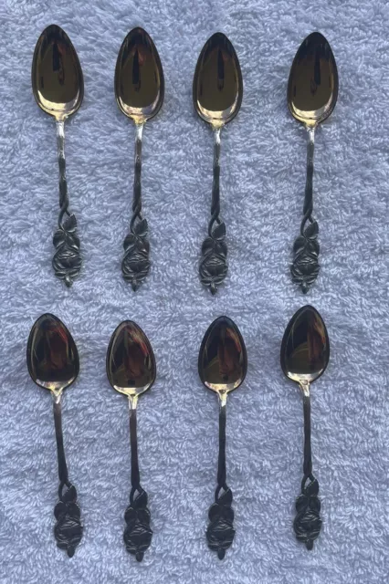 8 Antique Vermeil Sterling Silver European With Heart Ornament Spoons 2.9 Ounces