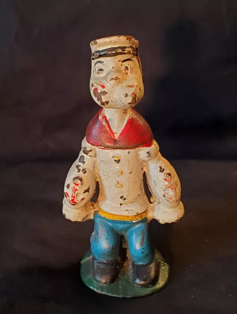 TRULY Old Popeye Cast Iron Bank with White Cap/Shirt and Blue Dungarees