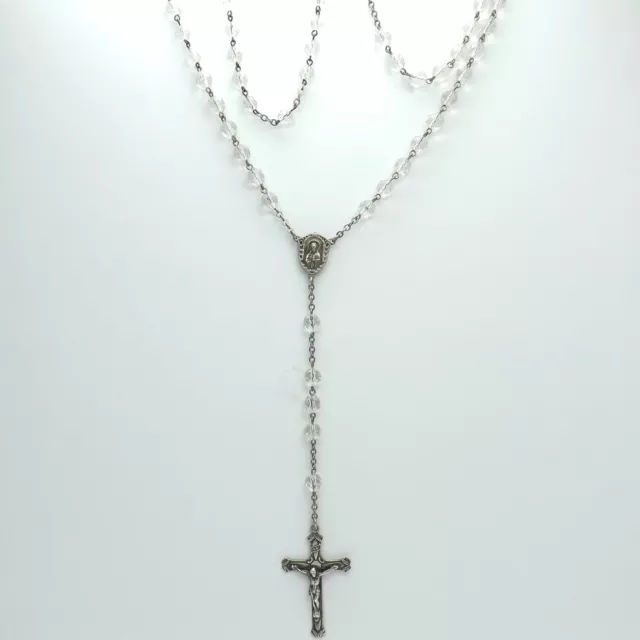 Art Deco Sterling Silver Crystal Bead Crucifix Sacred Heart Rosary Necklace