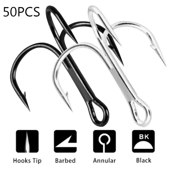 50Pcs High Carbon Steel Barbed Fish Fishing Treble Hooks Size: 2/4/6/8/10#