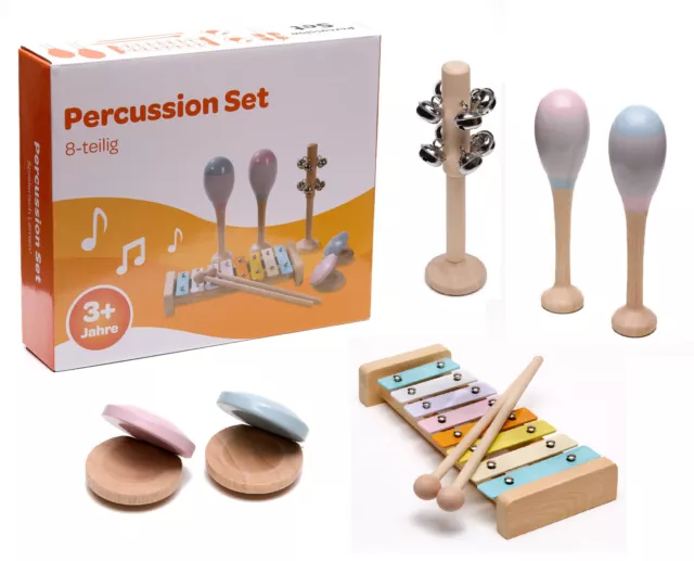 Kinder-Percussion-Set, Kinder Instrumente, 8-teilg aus Holz, Orff-Instrumente