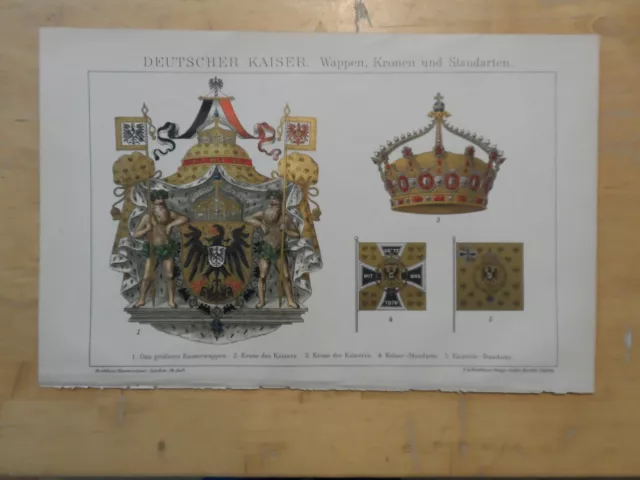 Orig.(1893) Chromolithographie Deutscher Kaiser Wappen Kronen Standarten (B1)