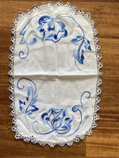 VINTAGE Hand Embroidered￼ TABLECLOTH VANITY TOPPER CROCHET EDGES Blue Rose