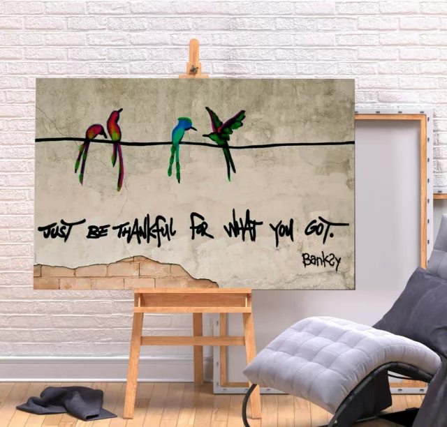 Banksy Just Be Thankful - Deep Framed Canvas  Wall Art Picture Print - Green