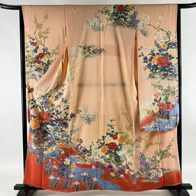 Japanese Kimono Furisode Pure Silk Bract Bird Gold Paint Gradation Salmon Pink