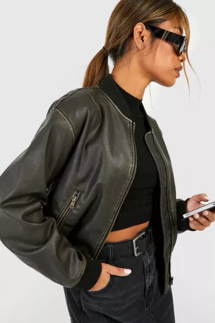 Boohoo Vintage Look Faux Leather Over sized Cropped Bomber Jacket size S