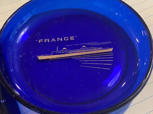 VINTAGE SS France Ocean Liner Cobalt Blue IVOREX Glass Trinket Coin Dish Tray 2