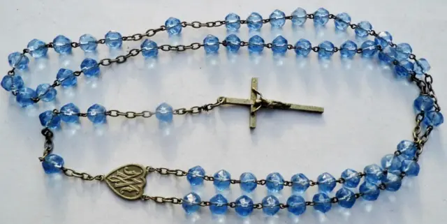Fine Antique Cut Blue Crystal & Silver Rosary Beads Crucifix Cross Prayer 20in