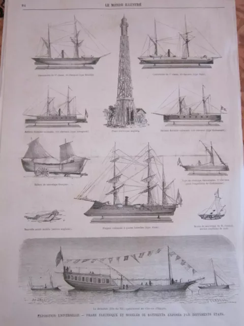 Gravure 1867 - Phare électrique et modèles de batiments