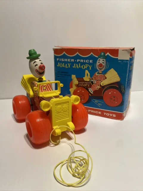 VTG1965 Fisher Price Jolly Jalopy Circus Clown Pull Toy #724 Wooden IN BOX!