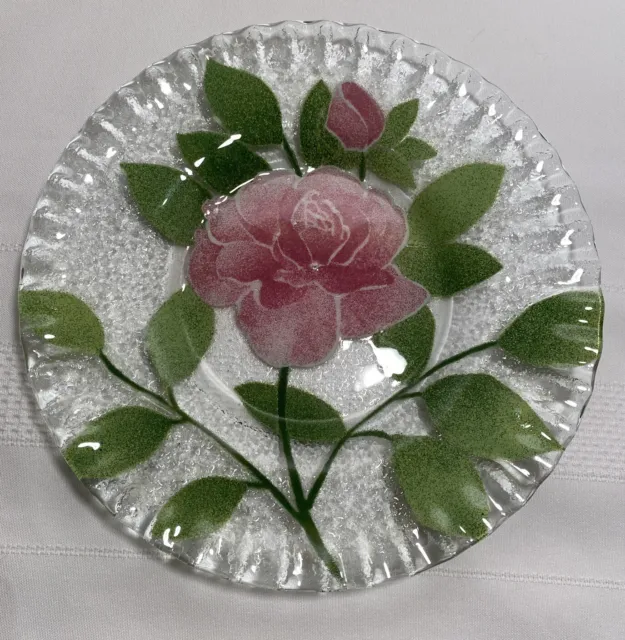Sydenstricker Ruffled Edge Fused Glass Bowl White Green Floral Design 7.5”