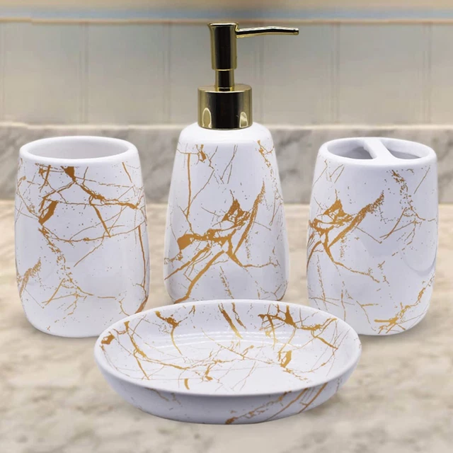 Céramique Salle de Bain Accessoires Set 4, Ensembles pour Maison Blanc & Doré